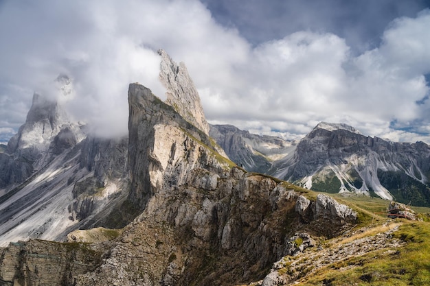 Beautiful landscape of Seceda peak in Dolomites Alps Odle mountain range South Tyrol Italy Europe