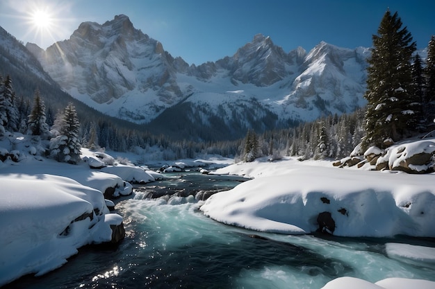 A beautiful landscape of a snowy mountain and streams