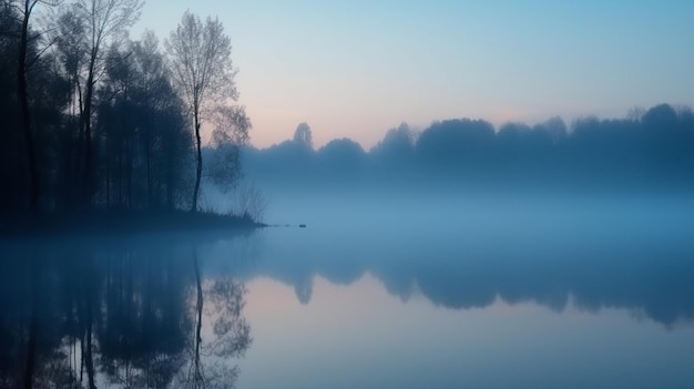 Beautiful landscape view of pine forest tree and lake view with sun glow and fog over a lake Lakeshore generative AI