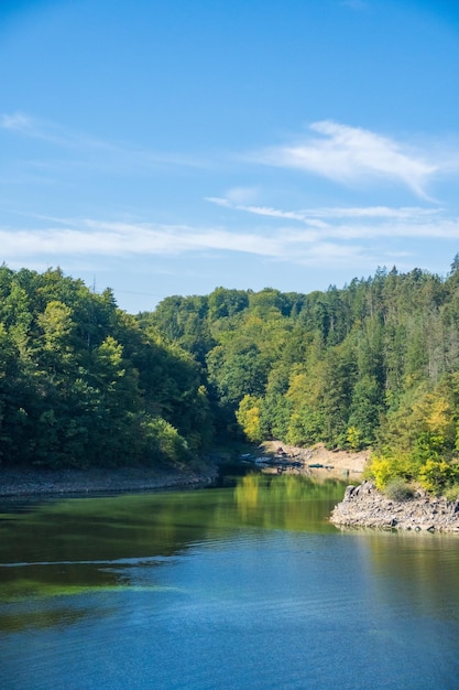 Beautiful landscape of the vltava river and the forest near zvikov castle czech