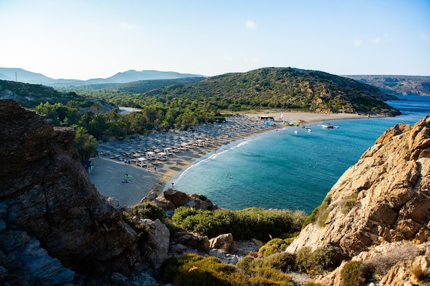 A beautiful landscape with a beach with white sand and crystal clear water from the island of Crete