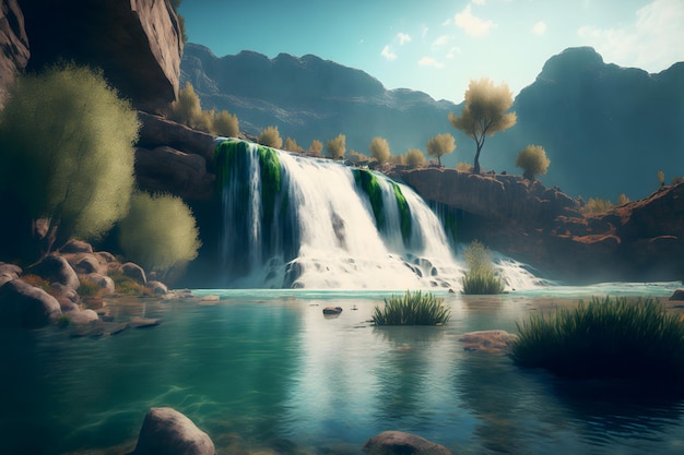 Beautiful landscape with big waterfall in sunny summertime neural network ai generated art