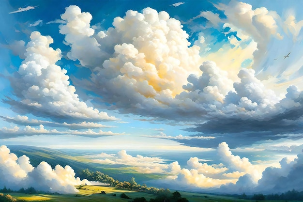 Beautiful landscape with blue sky and white clouds Digital painting