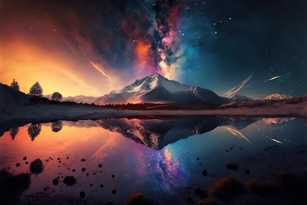 A beautiful landscape with colorful nature through the galaxy