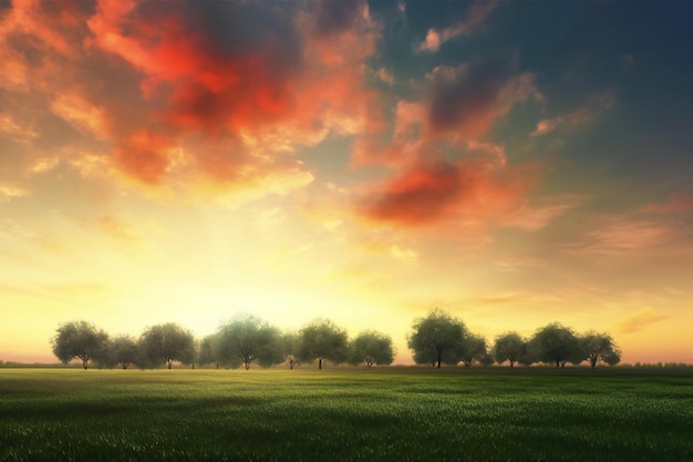 Beautiful landscape with green meadow trees and sunset sky