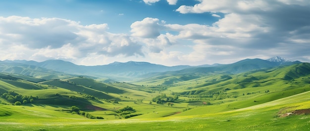 Beautiful landscape with green meadows and blue sky with clouds