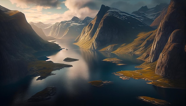 Beautiful landscape with high mountains and lagoon water with sunlight golden sunrise