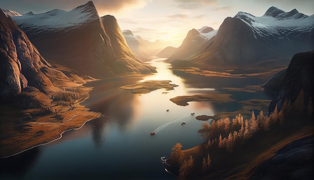 Beautiful landscape with high mountains and lagoon water with sunlight golden sunrise