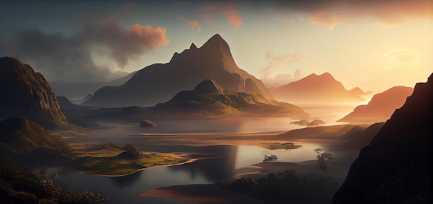 Beautiful landscape with high mountains and lagoon water with sunlight golden sunrise