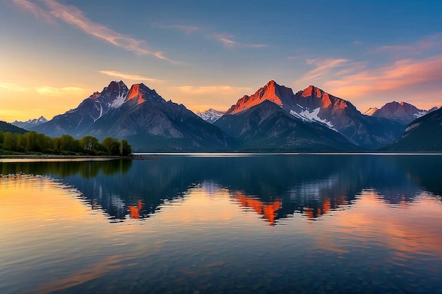 Beautiful landscape with high rocks with illuminated peaks stones in mountain lake