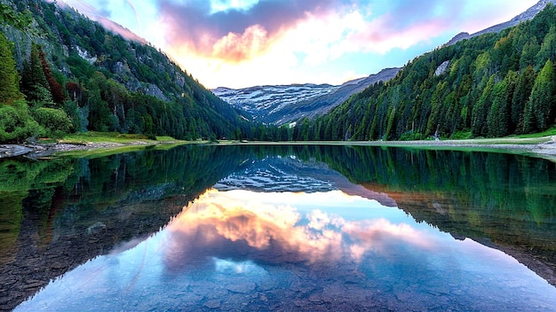 Beautiful landscape with high rocks with illuminated peaks stones in mountain lake