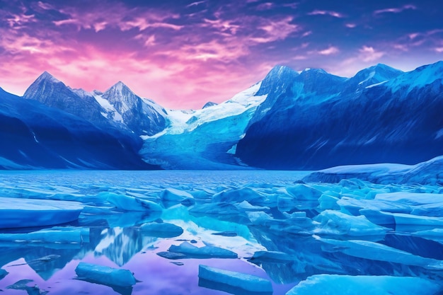 Beautiful landscape with icebergs and lake in the evening