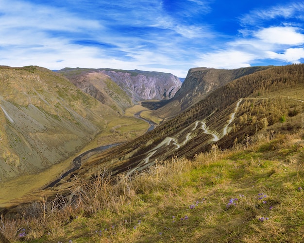 Beautiful landscape with KatuYaryk pass dangerous road high mountain pass in Altai Republic