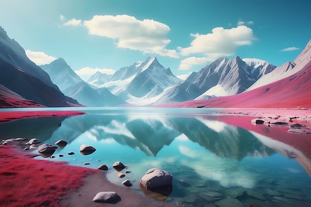 Beautiful landscape with lake and mountains 3d render illustration