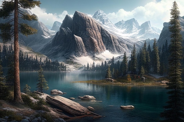 Beautiful landscape with a lake and mountains AI Generated