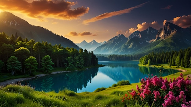 Photo a beautiful landscape with a lake and mountains in the background