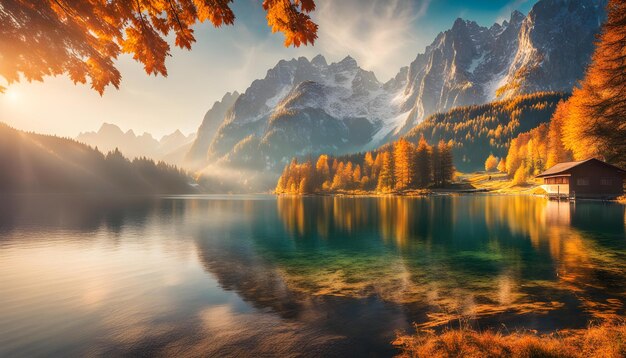 Photo a beautiful landscape with a lake and trees in autumn