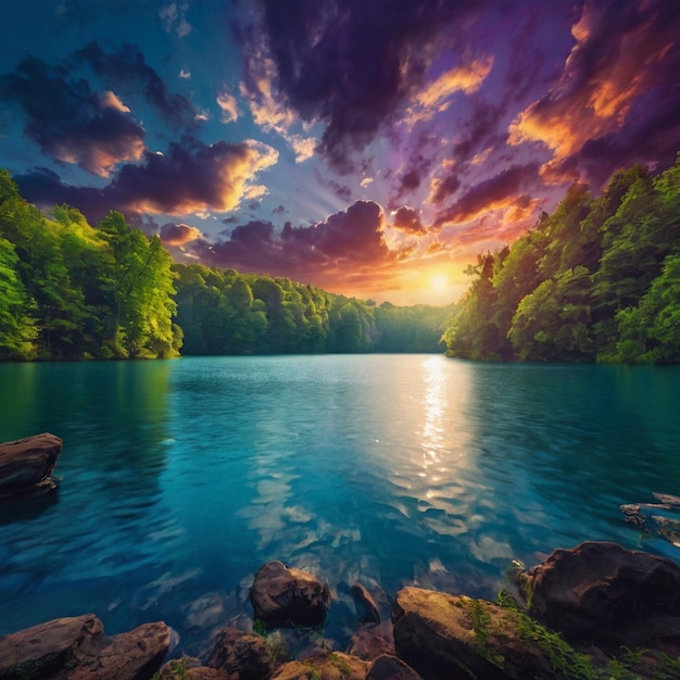 a beautiful landscape with a lake and trees and a sunset