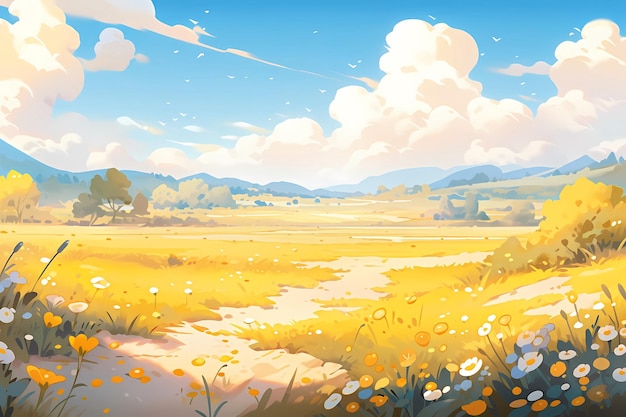 Beautiful landscape with meadow and mountains in the background illustration