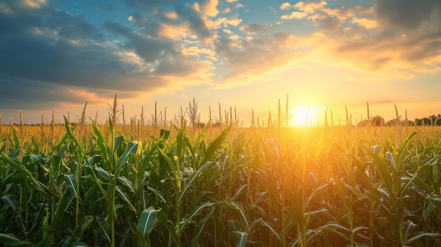 Beautiful landscape with morning sunrise over the cornfield closeup of corn seedlings on vast farm