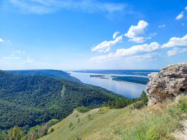 Beautiful landscape with moubtains, trees, the river Volga in Russia and blue cloudy sky