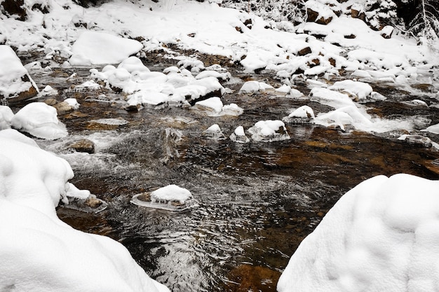 Beautiful landscape with mountain stream on winter day