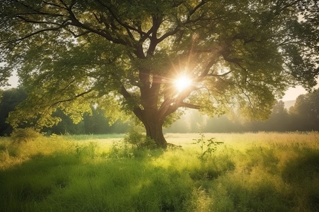 Beautiful landscape with an old oak tree on the meadow at sunrise A beautiful nature view with a green tree in the morning AI Generated