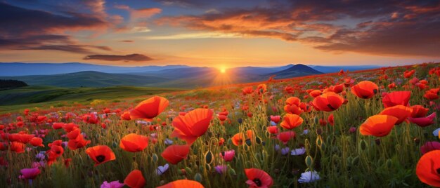 Beautiful landscape with poppies flowers wallpaper