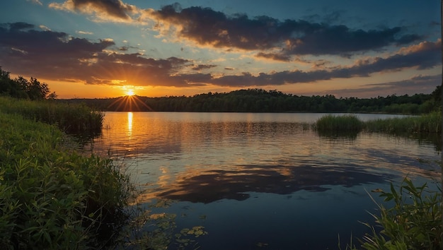 Beautiful landscape with reservoir and sunset sky