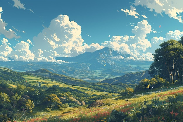 beautiful landscape with sky anime background