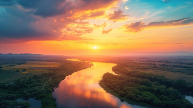 Beautiful landscape with sunset river valley dawn blue and yellow sky horizon reflecting with clouds