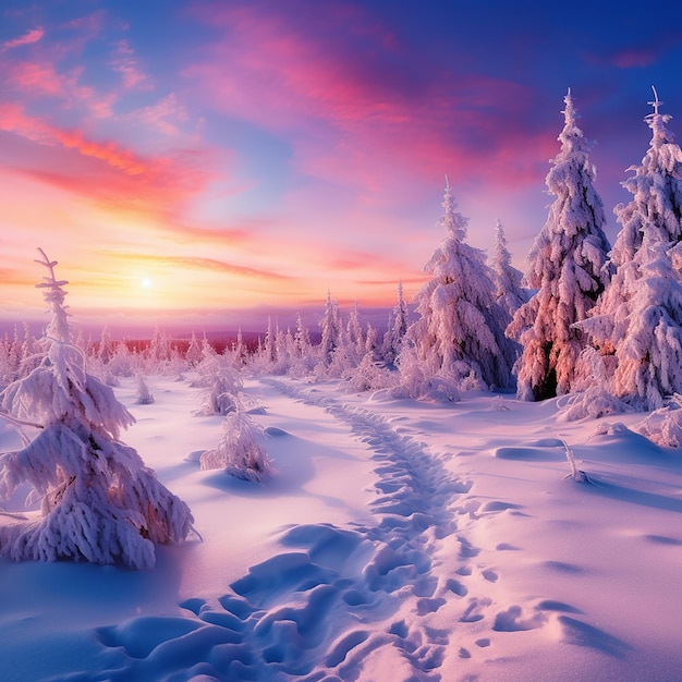 Beautiful landscape with trees covered with snow