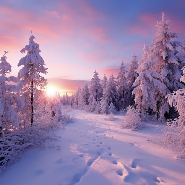 Beautiful landscape with trees covered with snow