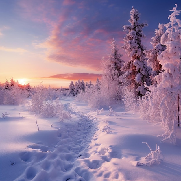 Beautiful landscape with trees covered with snow