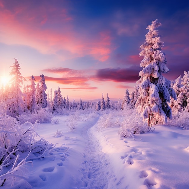 Beautiful landscape with trees covered with snow