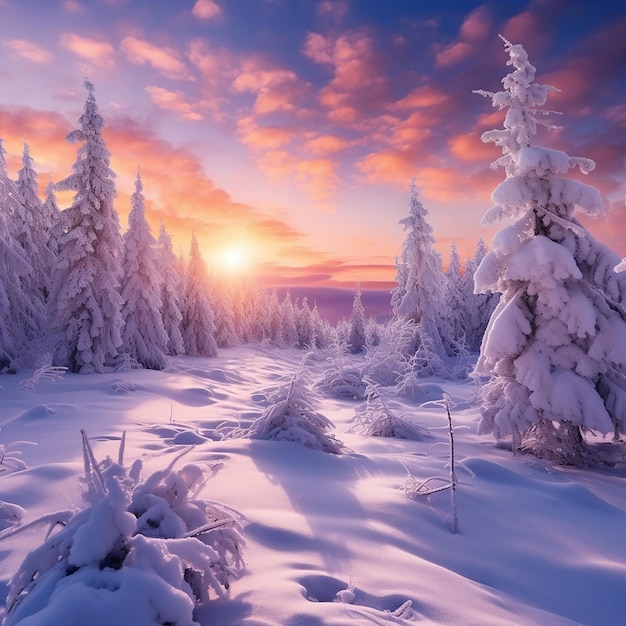 Beautiful landscape with trees covered with snow