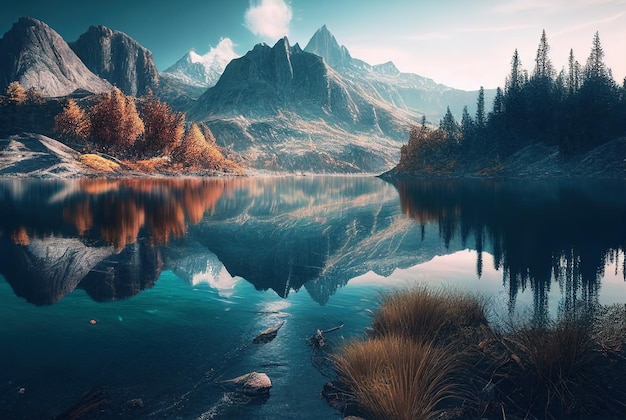 Beautiful landscape with water lake and mountain