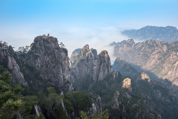 Beautiful landscpae of Huangshan (Yellow Mountain) with sea clouds in eastern China’s Anhui province.