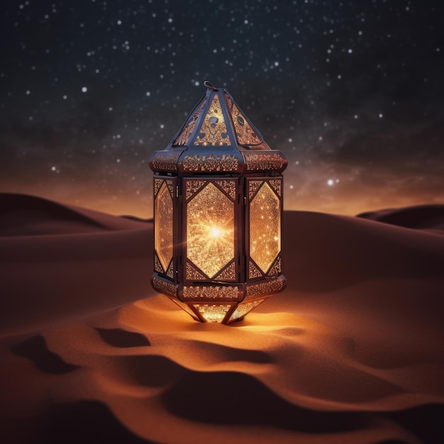 Beautiful lantern decorations placed on desert sand ground under a starry sky night generative ai