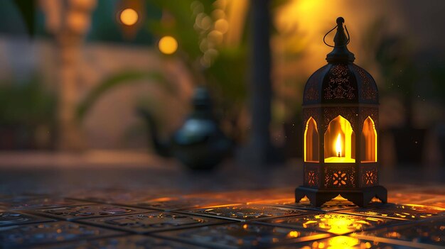 A beautiful lantern with intricate metalwork casts a warm glow on a table The lantern is placed on a table with a beautiful blur background