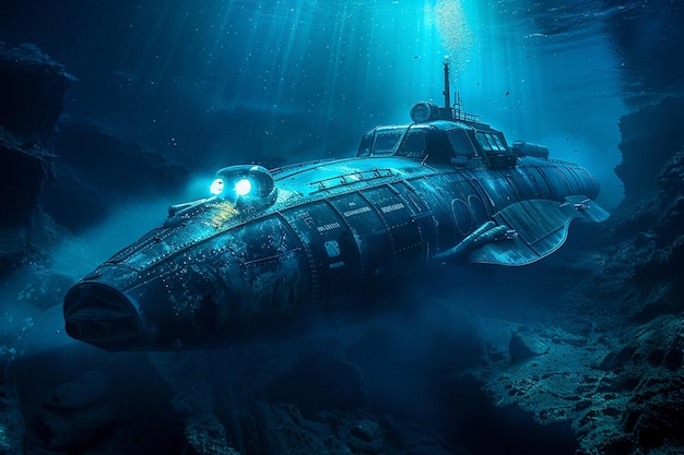 Photo beautiful large bathyscaphe floating in middle of ocean during exploration