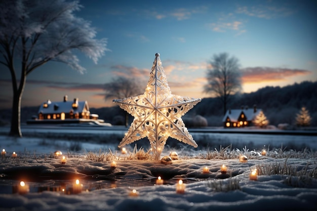 A beautiful large and bright star in a snowy forest with burning candles New Year 2024 AI generate