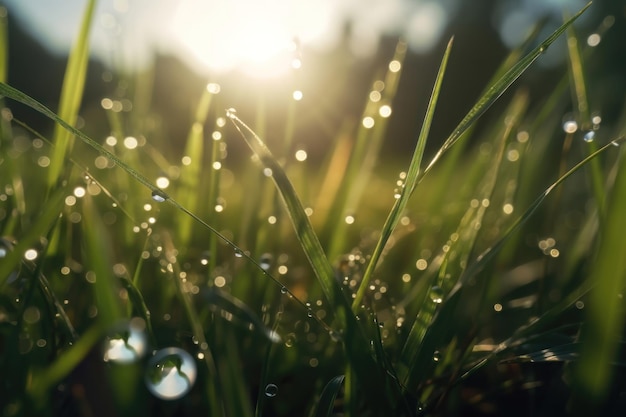 A beautiful large drop of morning dew in the grass sparkles in the rays of sunlight AI generated