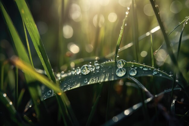 A beautiful large drop of morning dew in the grass sparkles in the rays of sunlight AI generated