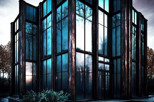 Beautiful large tall windows made of dark brown blue glass with aluminium windows generative ai