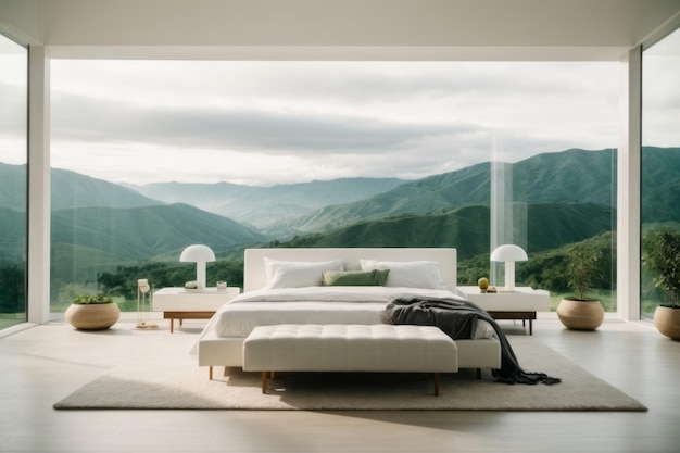 A beautiful large white bedroom with a bed indoor plants large windows and a beautiful view of the mountains nature with clouds Modern interior design resort hotel private house concept