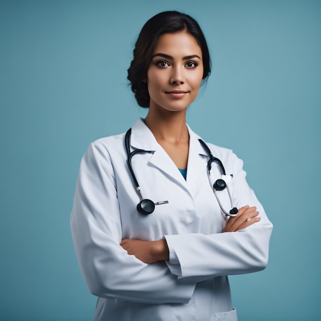 Beautiful Latin nurse portrait with crossed arms blue background