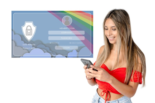 Beautiful latina woman entering a website The login screen is represented floating in front White background copy space