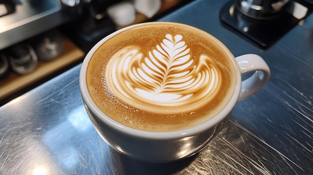 Beautiful latte art in a ceramic coffee cup sitting on a cafe counter with cappuccino foam