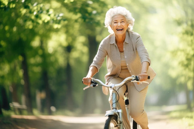 Beautiful laughing elderly woman on a bicycle Healthy lifestyle of pensioners